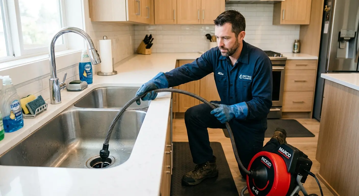 Drain cleaning technician using a motorized snake on a kitchen sink in Fremont