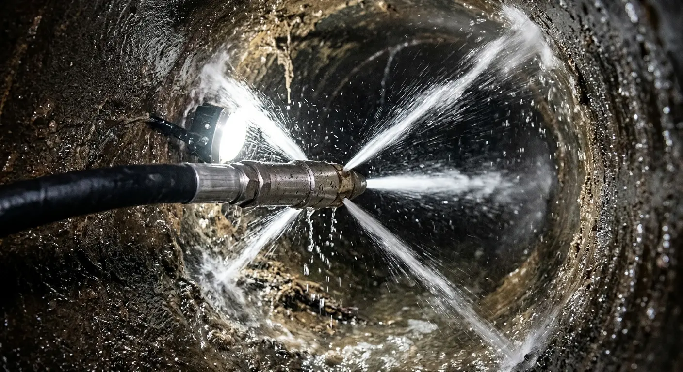 High-pressure hydro jetting nozzle cleaning sewer pipe for Sewer Cleanout in Fremont