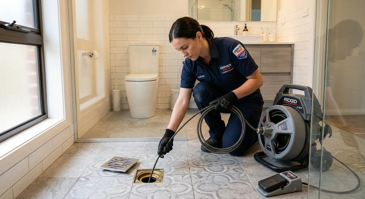 Technician clearing a bathroom floor drain for Drain Cleaning in Fremont